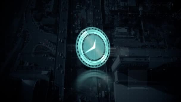 Animacja Szybko Poruszającego Się Zegara Przetwarzaniem Danych Krajobrazem Miejskim Tle — Wideo stockowe