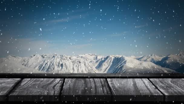 Анимация Зимних Пейзажей Снежинками Падающими Над Горами Сельской Местности Деревянными — стоковое видео