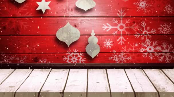 Animation Winter Snowflakes Falling Christmas Decorations Red Wooden Boards Background — Stock Video