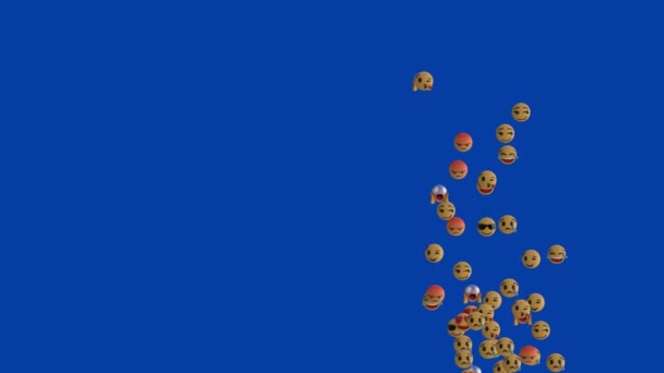 Анимация Группы Эмодзи Летящих Вверх Правой Стороне Синего Фона — стоковое видео