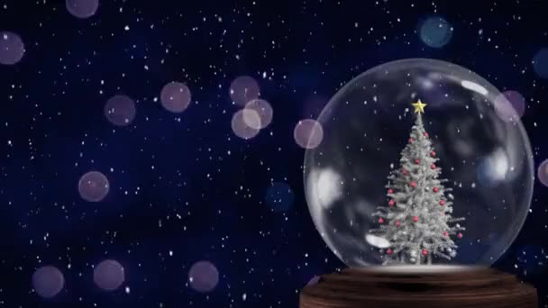 圣诞雪球的动画 里面有圣诞树 背景中闪烁着灯光和雪花 — 图库视频影像
