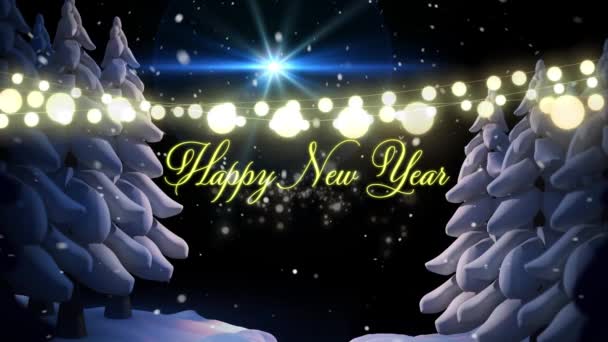 在黄字中用彩灯 焰火和冷杉在夜晚给人一种新年快乐的气氛 — 图库视频影像
