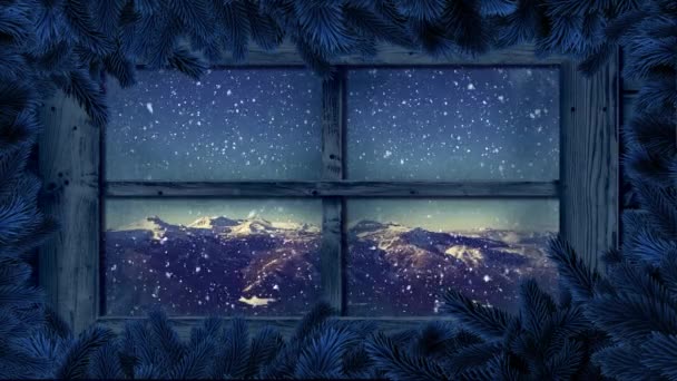 Animation Winter Scenery Seen Window Snowflakes Falling Christmas Decoration Fir — Stock Video