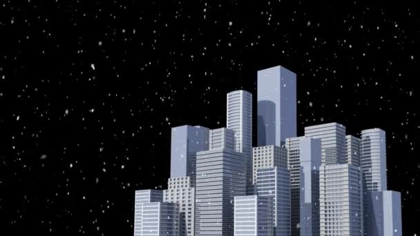 Animazione Neve Che Cade Notte Con Paesaggio Urbano Sfondo Nero — Video Stock