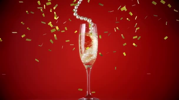 Animation String Pearls Falling Champagne Glass Golden Confetti Falling New — Stock Video