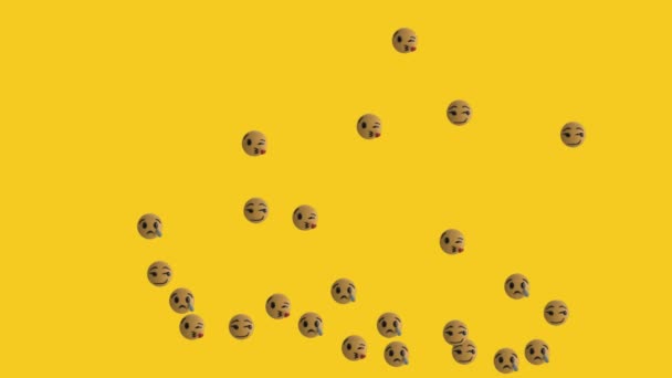 Animación Grupo Tristes Besos Emoji Iconos Volando Sobre Fondo Amarillo — Vídeos de Stock