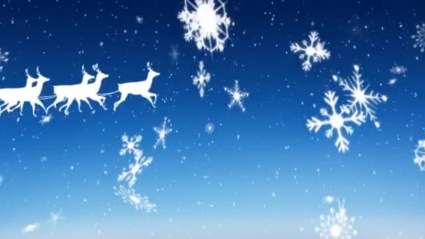 雪の結晶が青い背景に落ちているトナカイによって引き抜かれていくサンタクロースの白いシルエットのアニメーション — ストック動画