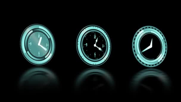 Animación Tres Relojes Verdes Moviéndose Rápido Sobre Fondo Negro — Vídeos de Stock