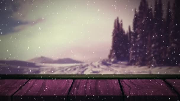 Animace Zimní Scenérie Sněhovými Vločkami Padajícími Jedle Venkově Dřevěné Desky — Stock video