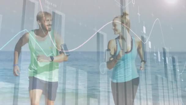 Animation Data Processing Young Caucasian Man Woman Running Sea Background — Stock Video