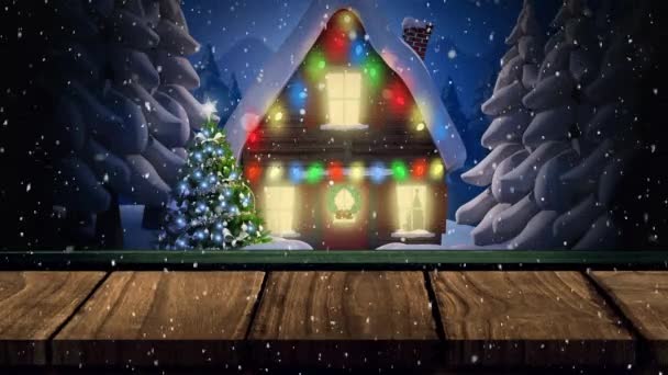 Animation Winter Scenery Snowflakes Falling House Fir Trees Countryside Wooden — Stock Video
