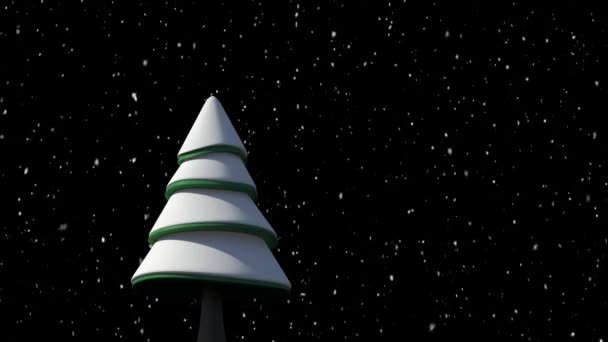 Animation Winter Scenery Night Snow Falling Fir Tree Black Background — Stock Video