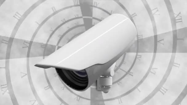 灰色和白色同心圆快速移动时钟和灰色和白色Cctv摄像机的动画 — 图库视频影像