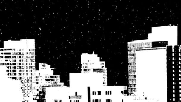 Animazione Neve Che Cade Notte Con Paesaggio Urbano Sfondo Nero — Video Stock