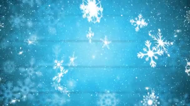 Animace Sněhové Vločky Padající Vánoční Čas Zářícím Modrém Pozadí — Stock video