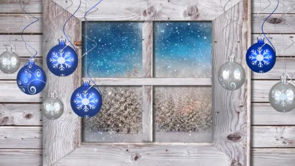 Animation Winter Scenery Seen Window Snowflakes Falling Blue Silver Christmas — Stockvideo