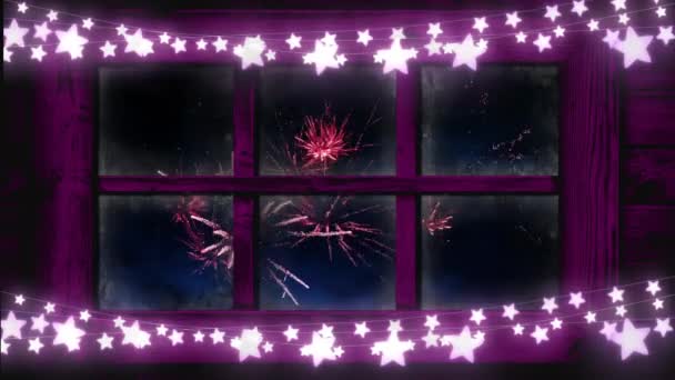 Animação Fogos Artifício Vista Através Janela Noite Véspera Ano Novo — Vídeo de Stock