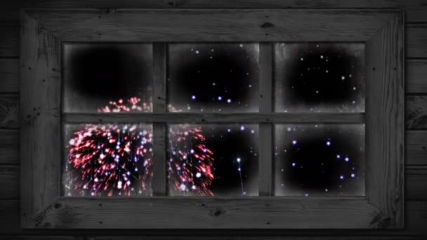 Animación Del Espectáculo Fuegos Artificiales Visto Través Ventana Por Noche — Vídeos de Stock