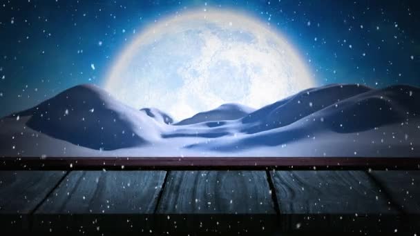 Animation Winter Scenery Snowflakes Falling Mountains Wooden Boards Background — Stock Video