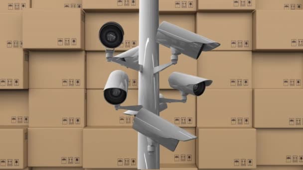 Animasi Kamera Cctv Bergerak Sekitar Dan Baris Baris Kotak Kardus — Stok Video