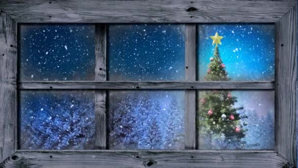 透过窗户看到的冬季美景的动画 雪花飘落 圣诞树飘扬 — 图库视频影像