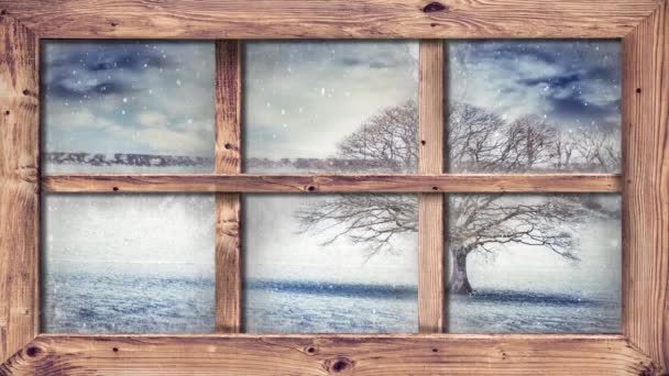 Animation Der Winterlandschaft Durch Fenster Gesehen Mit Schneeflocken Fallen Und — Stockvideo