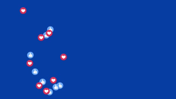 Анімація Групи Сердець Великих Пальців Вгору Іконки Літають Синьому Фоні — стокове відео