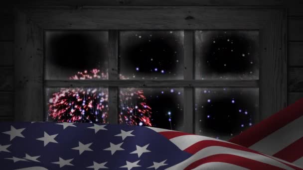 Анімація Феєрверків Видно Вікні Вночі Американським Прапором Передньому Плані — стокове відео