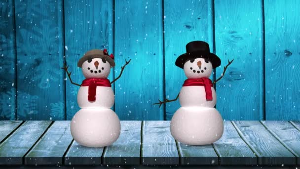 Animation Winter Scenery Snowflakes Falling Snowmen Waving Blue Wooden Boards — Stockvideo