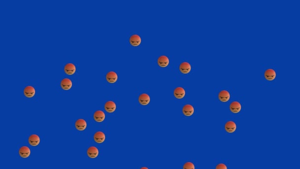 Анімація Групи Сердитих Іконок Емодзі Літають Синьому Фоні — стокове відео