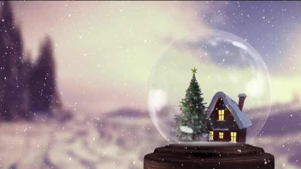 Animation de boule à neige de Noël avec arbre de Noël et maison à l'intérieur et neige tombant avec sapins en arrière-plan 