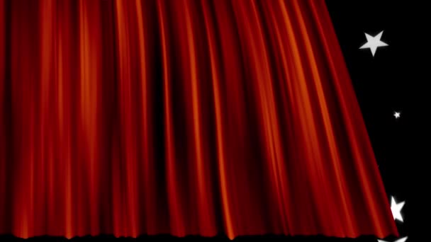 Animation Red Curtain Revealing Snowflakes Stars Falling Black Background — Stock Video