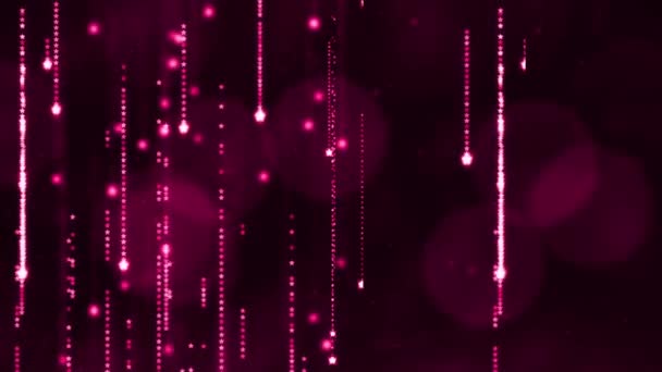 Анімація Рожевих Світячих Струн Світла Падає Темний Фон Рожевими Точковими — стокове відео