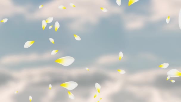 白色和黄色花瓣的动画 背景是蓝天上的云彩飘落 — 图库视频影像