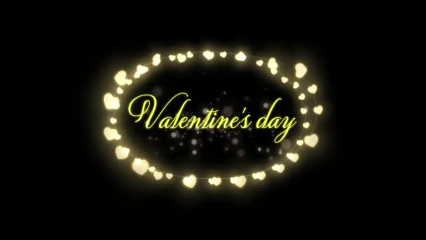 言葉のアニメーションバレンタインデーは 黒の背景に輝く妖精のライト楕円形のフレームと黄色で書かれています — ストック動画