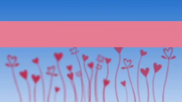 愛という言葉のアニメーション青の背景にハート型の花とピンクのバナーに白で書かれています — ストック動画