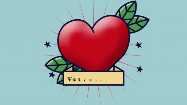 言葉のアニメーションバレンタインデーは 青の背景に赤いハートと緑の葉と黄色のバナーに黒で書かれています — ストック動画