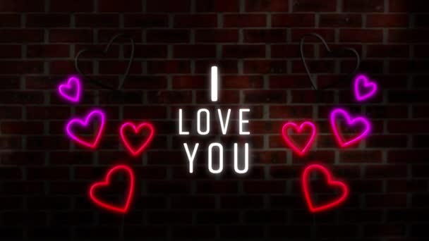 Animation Words Love You White Neon Font Flickering Red Pink — стоковое видео