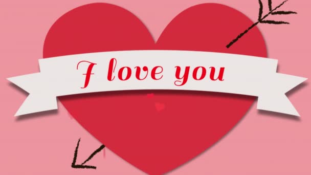 愛という言葉のアニメーションピンクの背景に赤いハートと赤いハートが矢印でピアスと白いバナーに赤で書かれています — ストック動画