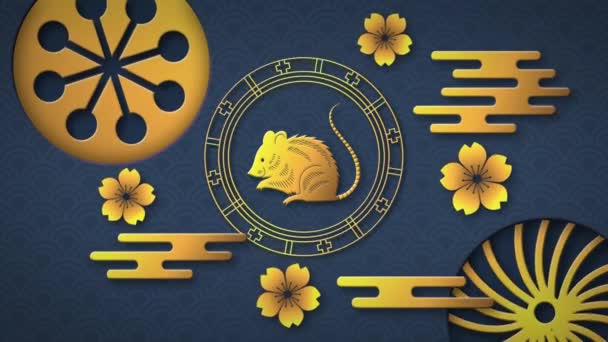 Анимация Золотой Крысы Крутящемся Колесе Поворотом Золотых Круглых Узоров Цветов — стоковое видео