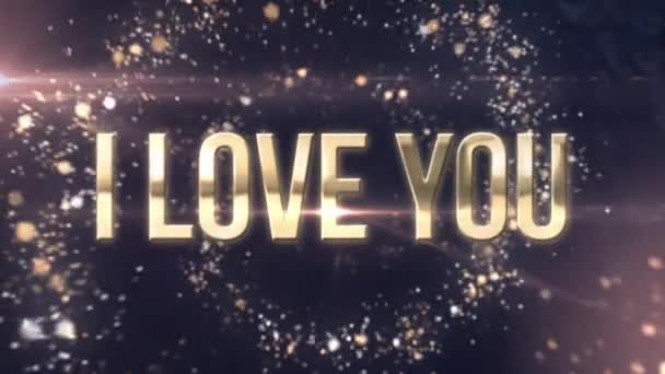 用金色的字母在蓝色的背景上用旋转的金光粒子表示的爱你的话语的动画 — 图库视频影像