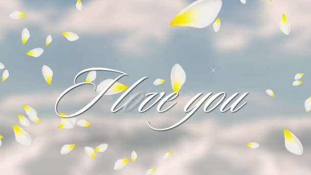 我爱你 字样的动画化 用白色和黄色的飘扬花瓣写在蓝天的衬托下 — 图库视频影像