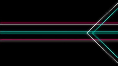 Siyah arkaplanda hareket eden beyaz, pembe ve yeşil renkli geometrik şekillerin ve paralel çizgilerin yanıp sönen neon çizgilerinin animasyonu