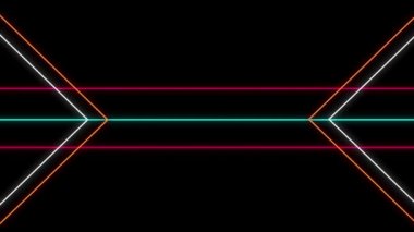Siyah arkaplanda hareket eden beyaz, turuncu, pembe ve yeşil renkli geometrik şekillerin ve paralel çizgilerin yanıp sönen neon çizgilerinin animasyonu