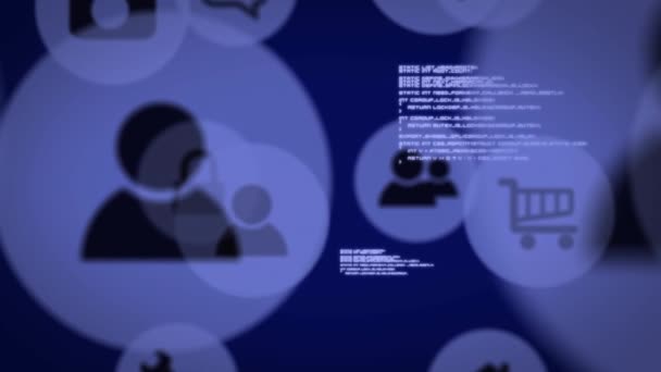 青と黒の人々のアニメーション ボリューム 暗い青の背景にデータ処理とショッピングトロリーやカメラのコンピュータのアイコン — ストック動画
