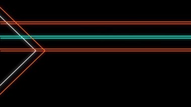 Siyah arkaplanda hareket eden geometrik şekillerin, üçgenlerin ve paralel çizgilerin yanıp sönen neon çizgilerinin animasyonu