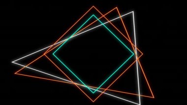 Elmas geometrik şekillerin ve turuncu, beyaz ve yeşil üçgenlerin yanıp sönen neon çizgilerinin animasyonu siyah arkaplan üzerinde hareket ediyor