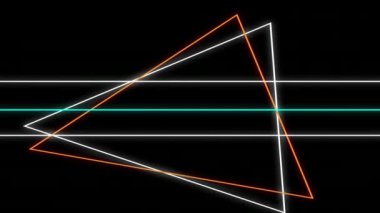 Siyah zemin üzerinde hareket eden beyaz, turuncu ve yeşil renkli geometrik şekillerin, üçgenlerin ve paralel çizgilerin yanıp sönen neon çizgilerinin animasyonu
