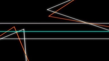 Siyah arkaplanda hareket eden beyaz, turuncu ve yeşil renkli geometrik şekillerin ve paralel çizgilerin yanıp sönen neon çizgilerinin animasyonu