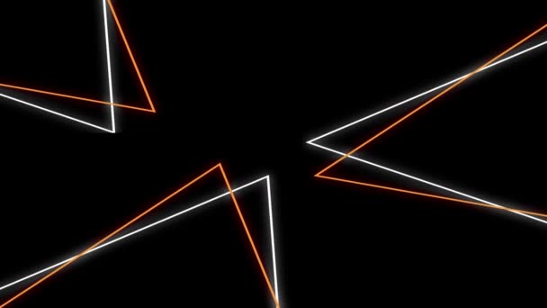 凉爽的80年代风格复古设计在黑色背景上以白色和橙色移动的几何形状和三角形的闪烁的霓虹灯轮廓的动画 — 图库视频影像